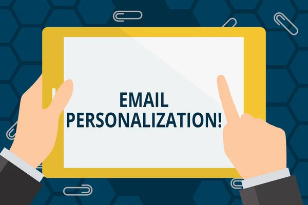 Conceptual hand writing showing Email Personalization. Business photo showcasing allows to insert demonstratingal data into the email template Hand Holding Pointing Touching Color Tablet White Screen.