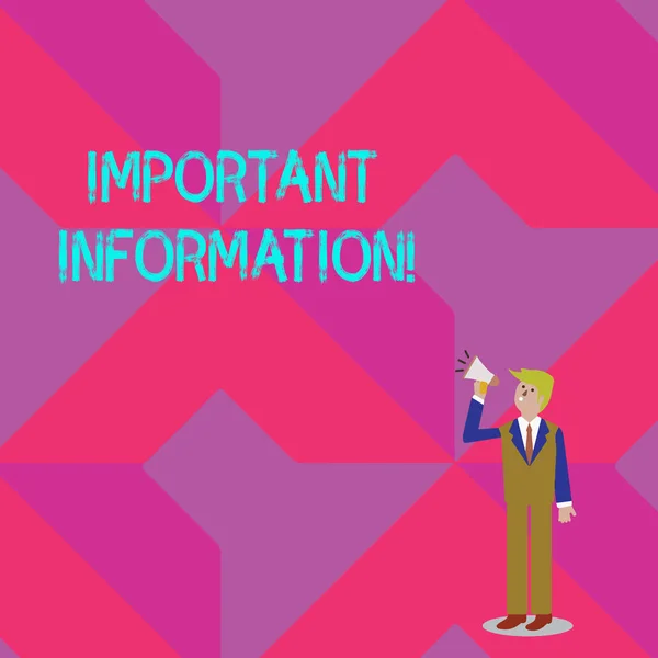Text sign showing Important Information. Conceptual photo valuable facts provided about something or someone Businessman Looking Up, Holding and Talking on Megaphone with Volume Icon. — Stock Photo, Image