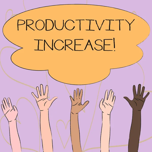 Skriv anteckning som visar produktivitets ökning. Företags foto skylta Labor produktivitets tillväxt mer utdata från arbets tagare Multirasistiska händer höja upp nå för färgglada Big Cloud. — Stockfoto