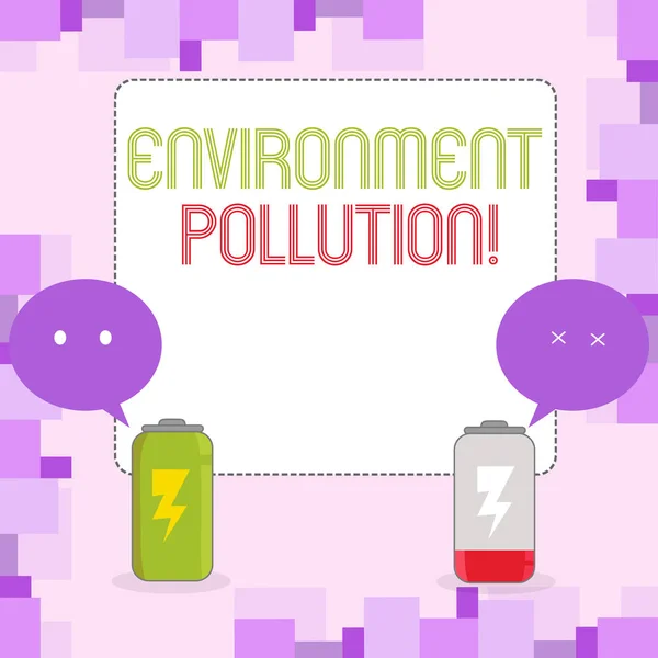 Εννοιολογική γραφή στο χέρι που δείχνει περιβαλλοντική ρύπανση. Φωτογραφικό κείμενο των επιχειρήσεων οι μολυσματικές προσμείξεις στο φυσικό περιβάλλον πλήρης φόρτιση και εκκένωση της μπαταρίας με φούσκα ομιλίας emoji. — Φωτογραφία Αρχείου