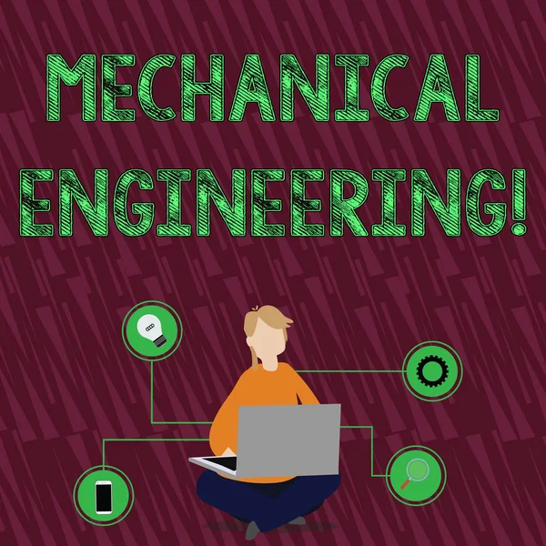 필기 텍스트 기계 공학. 기술 아이콘과 노트북을 검색 바닥에 다리를 건너 앉아 역학 여자의 산업 응용 프로그램과 관련 된 개념 의미. — 스톡 사진