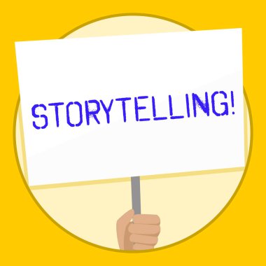 Storytelling gösteren metin işareti. Toplumsal farkındalık için tanıtıcı tarafından desteklenen kamu Hand holdıng Blank White Placard onları yayınlamak için hikayeler yazma kavramsal fotoğraf etkinliği.