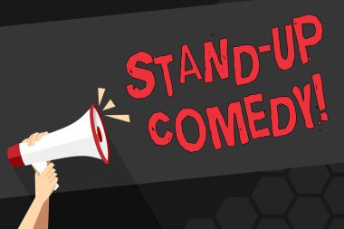 Stand up komedi gösteren metin işareti. Hangi komedyen ön canlı izleyici gerçekleştiren kavramsal fotoğraf komik stil ınsan el Holding sıkıca ses simgesi ve boş metin alanı ile megafon.