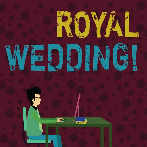 Conceptual hand writing showing Royal Wedding. Business photo text marriage ceremony involving members of kingdom family Businessman Sitting on Chair Working on Computer and Books. — Stock Photo, Image