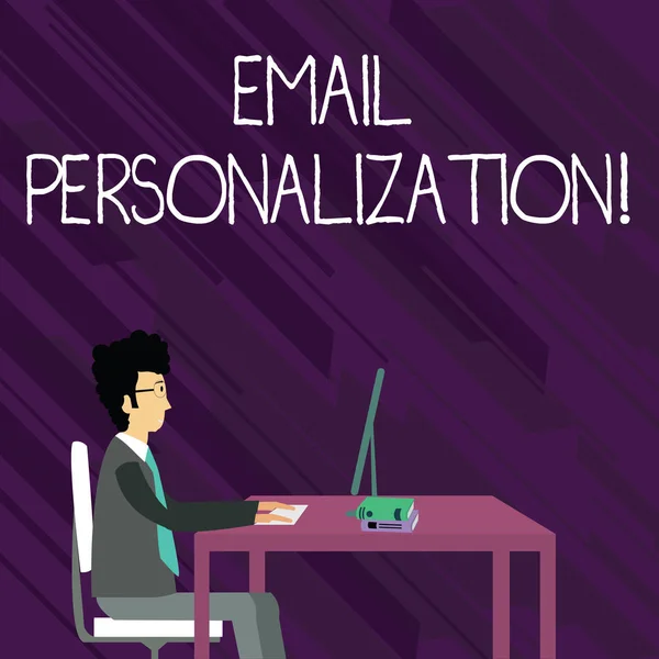 Text sign showing Email Personalization. Conceptual photo allows to insert demonstratingal data into the email template Businessman Sitting Straight on Chair Working on Computer and Books on Table.