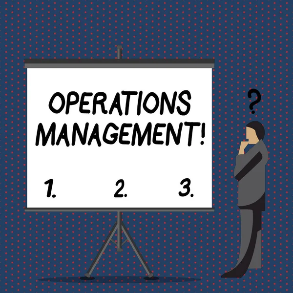 Text sign showing Operations Management. Conceptual photo designing and controlling the process of production Businessman with Question Mark Above his Head Standing Beside Blank Screen.