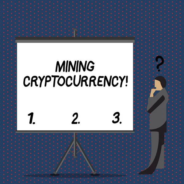 Text sign showing Mining Cryptocurrency. Conceptual photo handling of transaction in the digital currency system Businessman with Question Mark Above his Head Standing Beside Blank Screen.