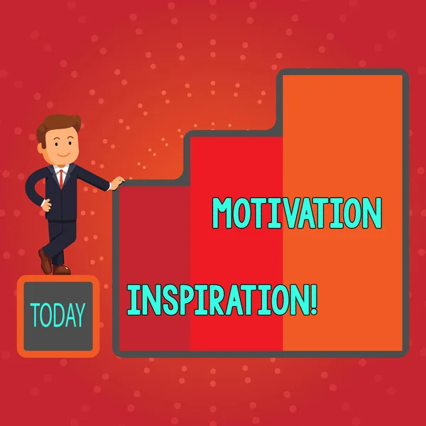 Writing note showing Motivation Inspiration. Business photo showcasing ability to change the way we feel about life Businessman Presenting Growth and Success in Graph Columns.