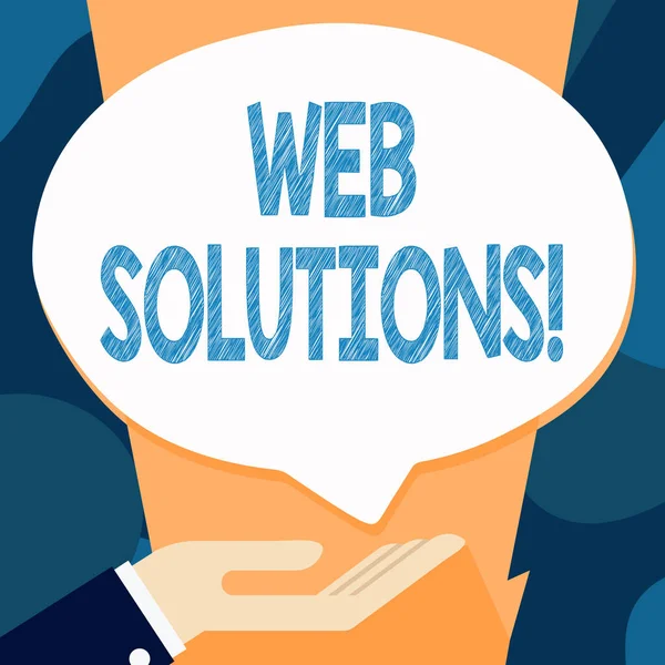 Schreiben Notiz zeigt Web-Lösungen. Business-Foto-Präsentation Programm über Netzwerk und zugänglich durch Web-Browser Palme nach oben in Rückenlage Spende Handzeichen Sprechblase. — Stockfoto