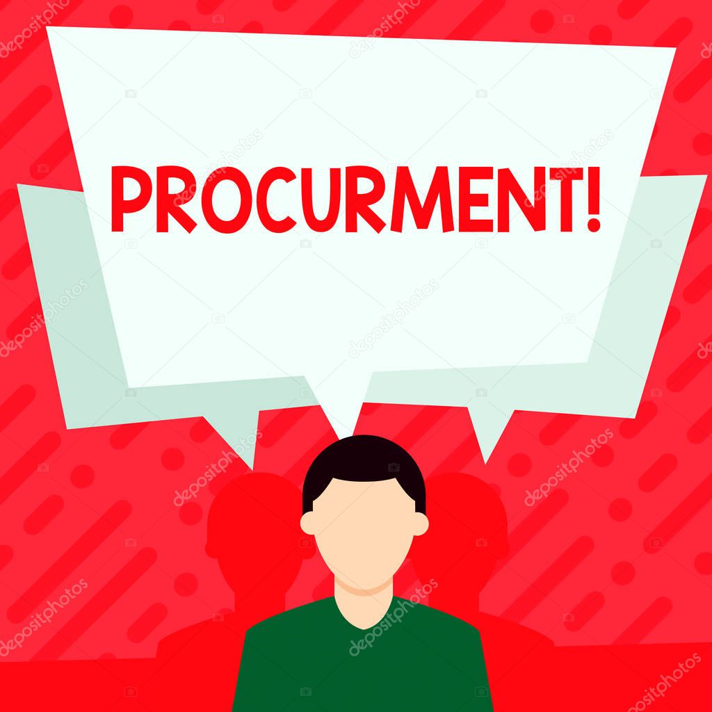 Word writing text Procurment. Business concept for action of acquiring military equipment and supplies Faceless Man has Two Shadows Each has Their Own Speech Bubble Overlapping.