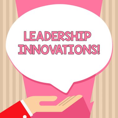 Handwriting text Leadership Innovations. Concept meaning Style to impact employees to produce creative ideas Palm Up in Supine Position for Donation Hand Sign Icon and Speech Bubble.