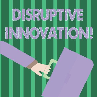 El yazısı metni yıkıcı yenilik. Konsept anlam yerleştirme kurulan pazarlamacılar şirketleri veya ürün acele Işadamı kol uzağa geri ve el Holding renk evrak çantası.