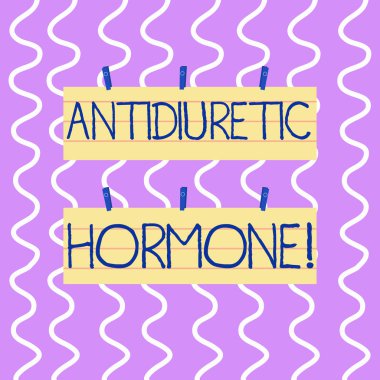 Antidiüretik hormon gösteren kavramsal el yazma. Mavi clothespin kullanarak asılı hipofiz bezi Şerit boyutu çizgili kağıt levha tarafından serbest olan peptit molekül vitrinde iş fotoğrafı.