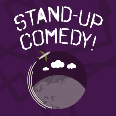 Stand up komedi gösteren metin işareti. Hangi komedyen hareketli simgesi renkli Küre ve boş metin alanı etrafında uçan ile ön canlı kitle uçak gerçekleştirir kavramsal fotoğraf komik tarzı.