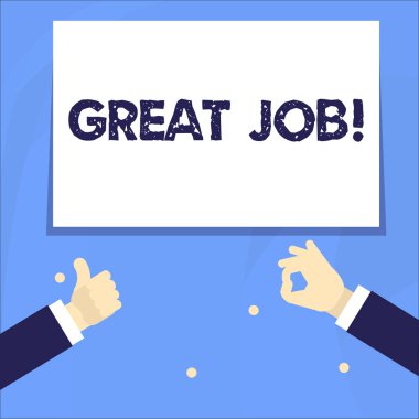 Kavramsal el yazma büyük Iş gösteren. İş fotoğraf vitrine onlar iyi yapmış bir şey için birini övme kullanılan Iki Işadamları eller kadar başparmak ve okay Işareti Gesturing.