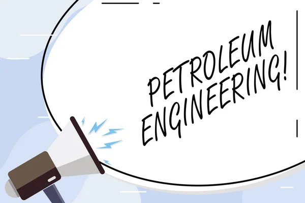 Conceptual hand writing showing Petroleum Engineering. Business photo text Activities related to the production of hydrocarbons Blank White Huge Oval Shape Sticker and Megaphone Shouting. — Stock Photo, Image