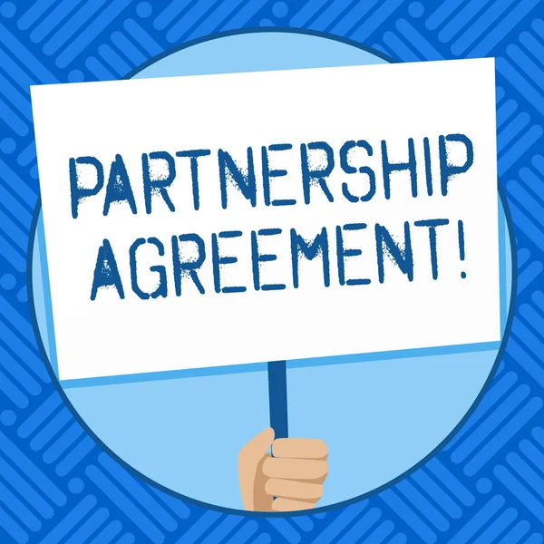 Text sign showing Partnership Agreement. Conceptual photo Legal form of business operation between parties Hand Holding Blank White Placard Supported by Handle for Social Awareness.