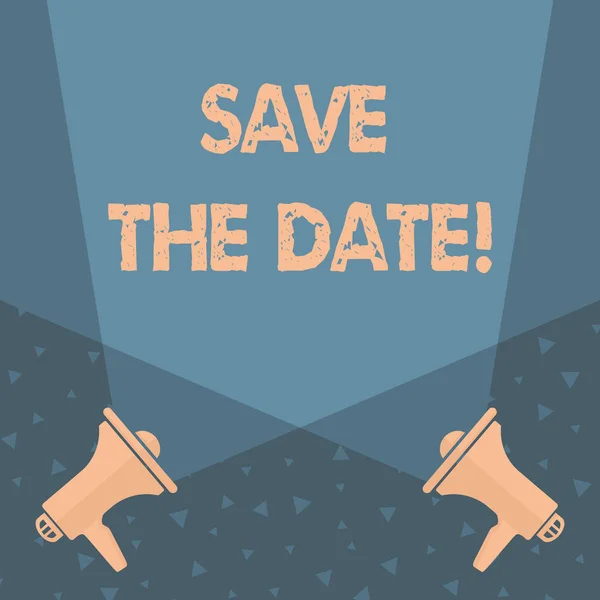 Writing note showing Save The Date. Business photo showcasing Organizing events well make day special event organizers Spotlight Crisscrossing Upward from Megaphones on the Floor. — Stock Photo, Image