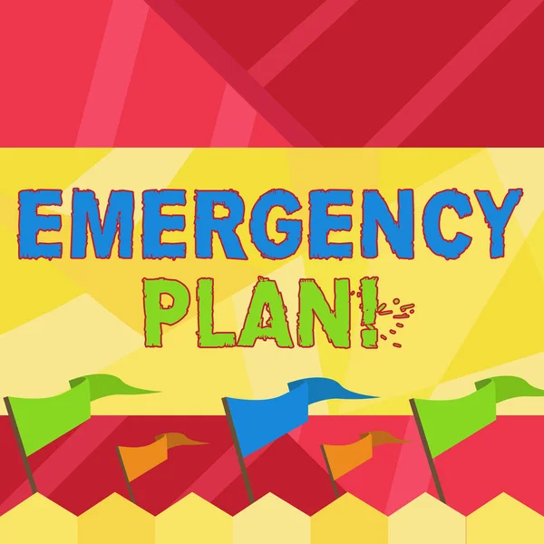 Word writing text Emergency Plan. Business concept for actions developed to mitigate damage of potential events Blank Solid Colorful Pennant Streamer Flag on Stick Mounted on Picket Fence.