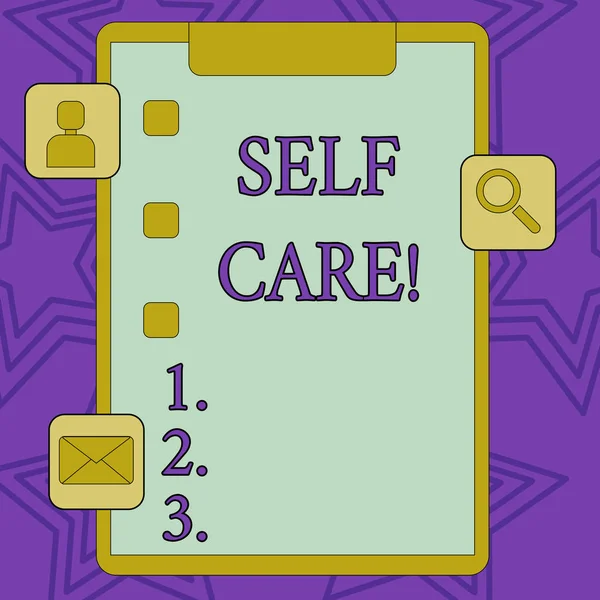 Word writing text Self Care. Business concept for practice of taking action to preserve or improve ones own health Clipboard with Tick Box and 3 Apps Icons for Assessment, Updates, Reminder.