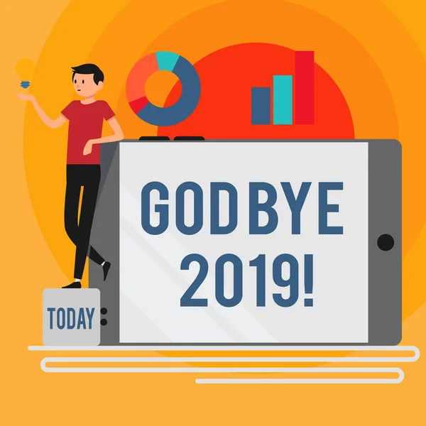 Word writing text God Bye 2019. Business concept for express good wishes when parting or at the end of last year Man Leaning on Blank Smartphone Turned on Its Side with Graph and Idea Icon.
