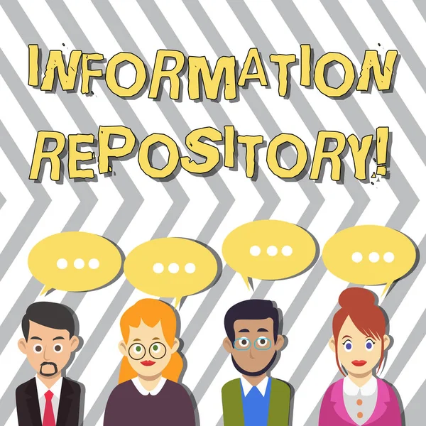 Bilgi deposunu gösteren kavramsal el yazısı. İş fotoğrafı metni verilerin depolandığı ve bulunabileceği bir yer üç nokta ile konuşma balonu ile Iş ınsanları grubu.