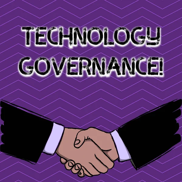 Fogalmi kézzel írt bemutató Technology Governance. Üzleti fotó szöveg keretet, amely a formális struktúra az Intézet üzletemberek Shaking kezet formája köszöntés és megállapodás. — Stock Fotó