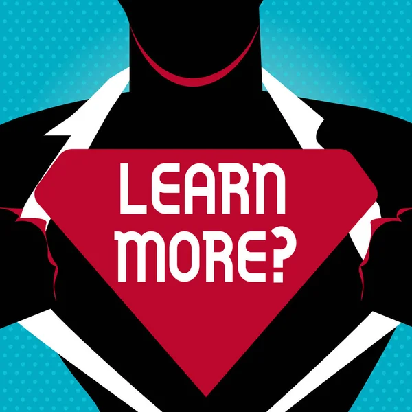 Textový znak zobrazující další otázky. Konceptuální informace o zisku nebo dovednosti na cvičení člověk v Supermanovi Pose otevírá košili, aby odkryli prázdné trojúhelníkové logo. — Stock fotografie