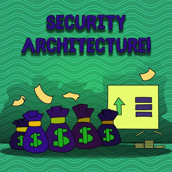 Word writing text Security Architecture. Business concept for Focus on information security all over the enterprise Colorful Money Bag with Dollar Currency Sign and Arrow with Blank Banknote.
