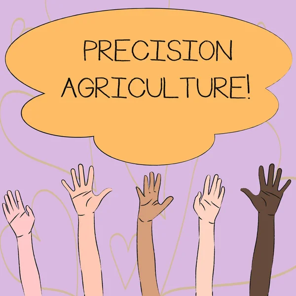 Writing note showing Precision Agriculture. Business photo showcasing modern farming practices for efficient production Multiracial Hands Raising Up Reaching for Colorful Big Cloud.