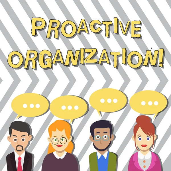 Conceptual hand writing showing Proactive Organization. Business photo text Action and result oriented behavior of a company Group of Business People with Speech Bubble with Three Dots. — Stock Photo, Image