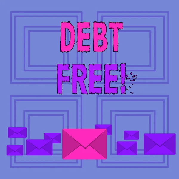 Text sign showing Debt Free. Conceptual photo does not owning any money or things to any individual or companies Pastel Color Closed Envelopes in Different Sizes with Big one in the Middle. — Stock Photo, Image