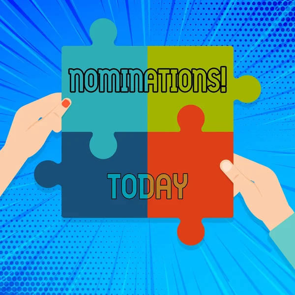 Escribiendo nota mostrando nominaciones. Foto de negocios mostrando la acción de nominación o el estado de ser nominado para el premio Multi Color Jigsaw Puzzle Piezas Juntos por Manos Humanas . — Foto de Stock
