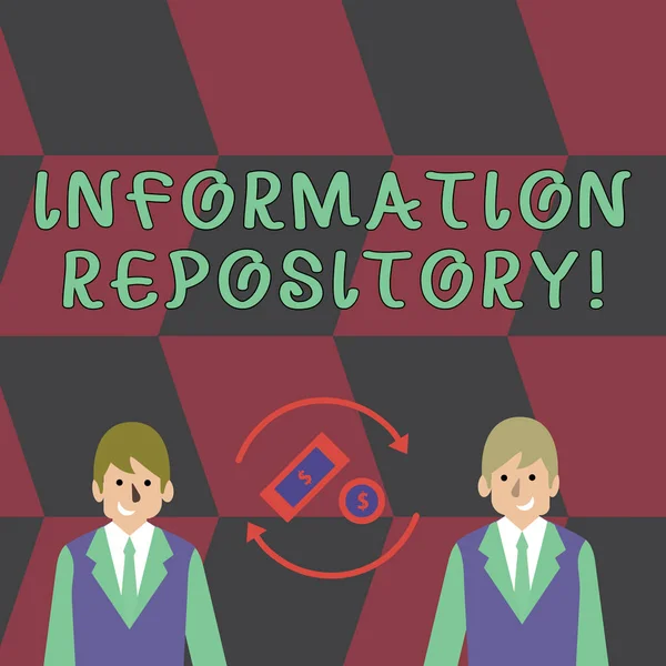 Bilgi deposunu gösteren metin işareti. Kavramsal fotoğraf verilerin depolandığı ve bulunan bir yer dolar para birimi Işareti içinde Iki Işadamları arasında dönen oklar içinde para bulabilirsiniz.