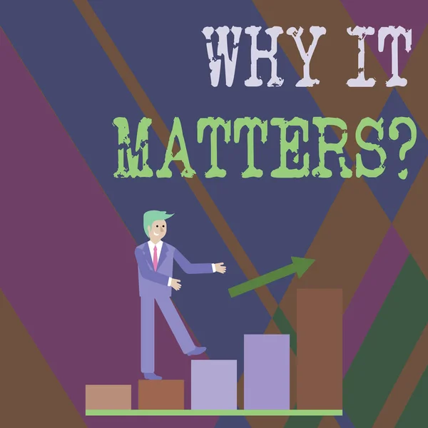 Why It Matters soru gösteren Not yazma. İş fotoğrafı en önemli şey vitrine durumda ne zaman durum dahil yapılacak gülümseyen işadamı tırmanma Bar grafik bir ok takip. — Stok fotoğraf