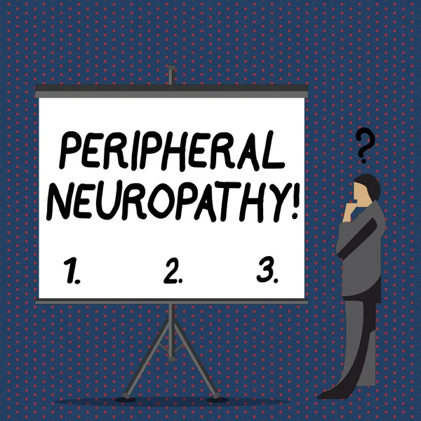 Текстовый знак, показывающий периферическую невропатию. Концептуальное состояние фотографии или болезнь, влияющие на периферийные нервы Бизнесмен с вопросительным знаком над головой, стоящий рядом с пустым экраном . — стоковое фото