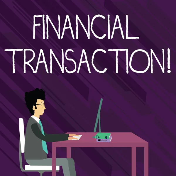 Znak tekstowy przedstawiający transakcję finansową. Zdjęcie koncepcyjne transakcje w aktywa finansowe i zobowiązania biznesmen siedzący prosto na krzesło praca na komputerze i książki na stole. — Zdjęcie stockowe