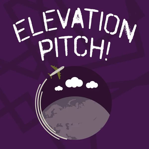 Text sign showing Elevator Pitch. Conceptual photo short description of product business idea given to investor Airplane with Moving Icon Flying Around Colorful Globe and Blank Text Space.