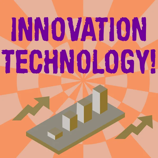 Word yazma metin yenilik teknolojisi. Ürün ve süreçlerin önemli teknolojik değişiklikler için iş konsepti Iki oklar ile perspektif içinde renkli kümelenmiş 3D çubuk grafik grafik Diyagramı.