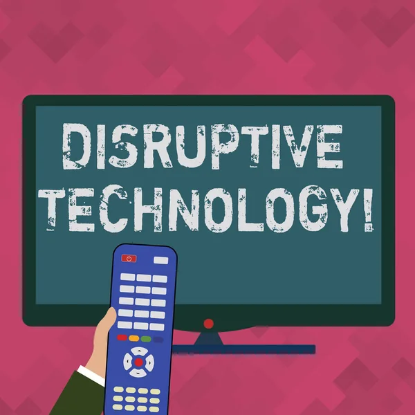 Word writing text Disruptive Technology. Business concept for one that displaces an established technology Hand Holding Computer Remote Control infront of Blank Wide Color PC Screen. — Stock Photo, Image