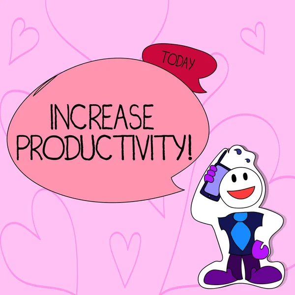 Text sign showing Increase Productivity. Conceptual photo Improve the efficiency of production processes Smiley Face Man in Necktie Holding Smartphone to his Head in Sticker Style.