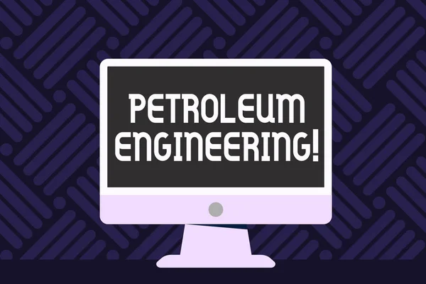 Writing note showing Petroleum Engineering. Business photo showcasing Activities related to the production of hydrocarbons Desktop Computer Colorful Monitor Screen Freestanding Table. — Stock Photo, Image