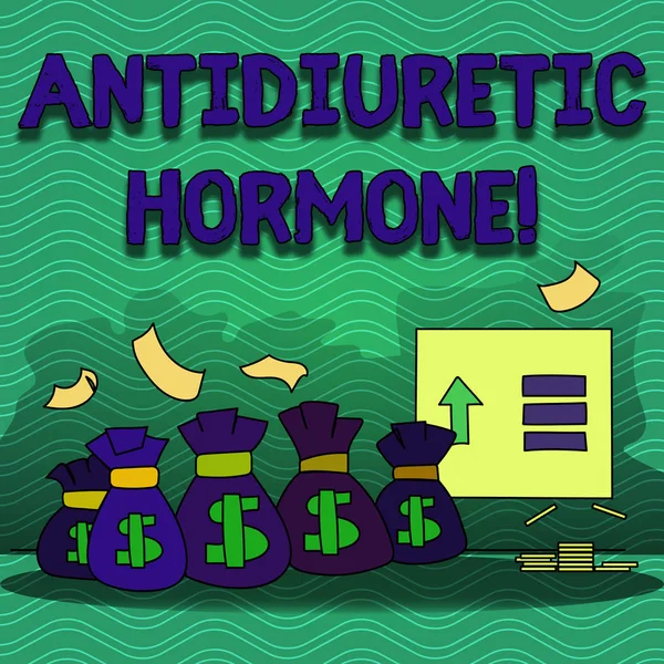 Teks tulisan kata Antidiuretik Hormone. Konsep bisnis untuk molekul peptida yang dilepas oleh kelenjar hipofisis Kotak Uang Berwarna dengan Dollar Currency Sign dan Arrow dengan Blank Banknote . — Stok Foto