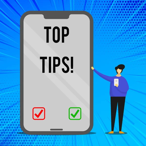 Handwriting text writing Top Tips. Concept meaning small but particularly useful piece of practical advice Man Presenting Huge Blank Screen Smartphone while Holding Another Mobile. — Stock Photo, Image