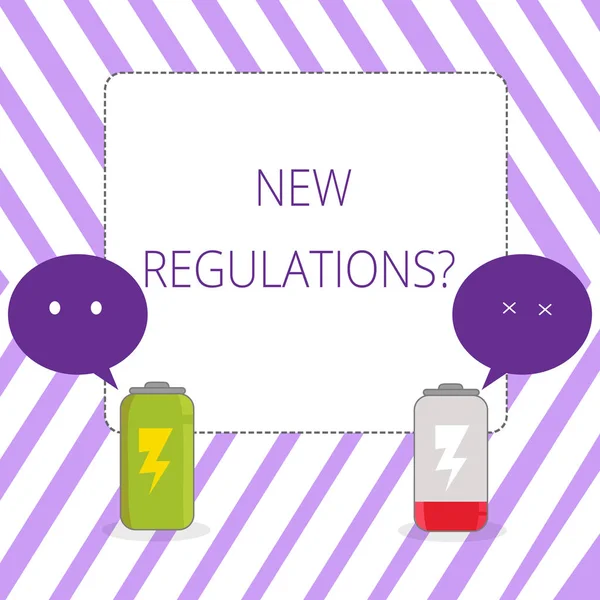 Writing note showing New Regulations question. Business photo showcasing rules made government order to control way something is done Fully Charge and Discharge Battery with Emoji Speech Bubble.