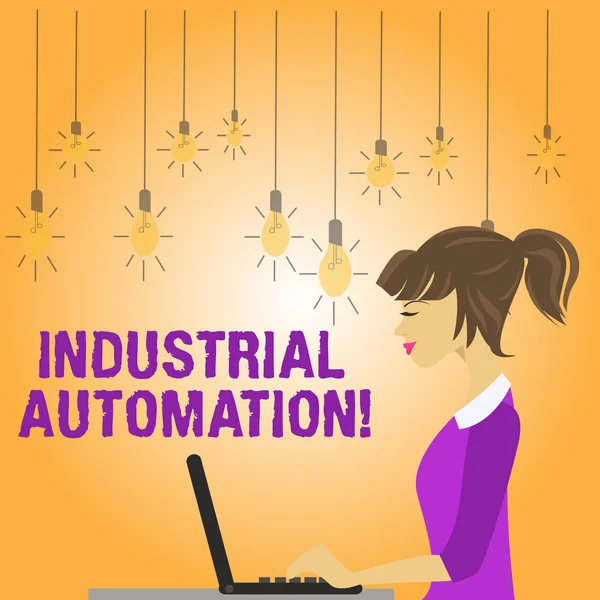 Writing note showing Industrial Automation. Business photo showcasing Use of control systems to handle industrial process photo of Young Busy Woman Sitting Side View and Working on her Laptop.