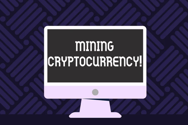 Writing note showing Mining Cryptocurrency. Business photo showcasing handling of transaction in the digital currency system Desktop Computer Colorful Monitor Screen Freestanding Table. — Stock Photo, Image