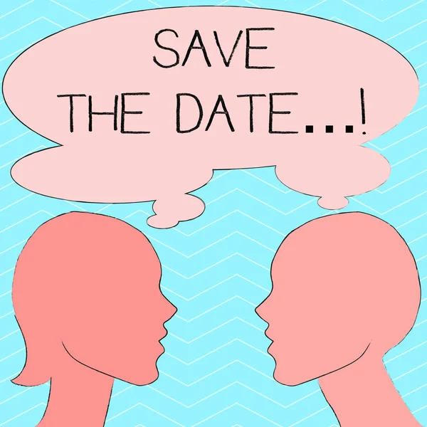 Writing note showing Save The Date.... Business photo showcasing remember specific important days or time using calendar Silhouette Sideview Profile of Man and Woman Thought Bubble. — Stock Photo, Image