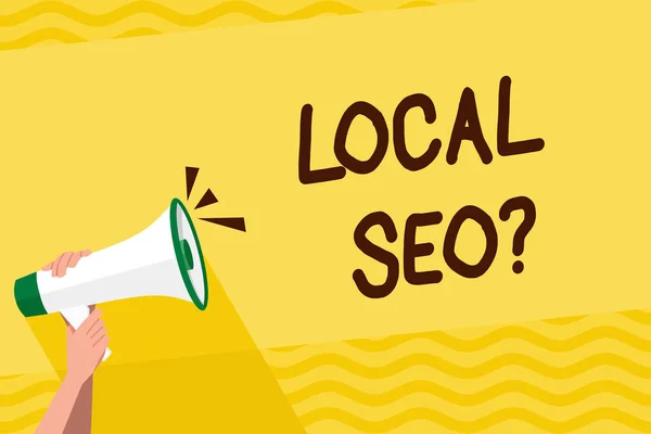 Word writing text Local Seoquestion. Business concept for incredibly effective way to market your local business online Human Hand Holding Tightly a Megaphone with Sound Icon and Blank Text Space.