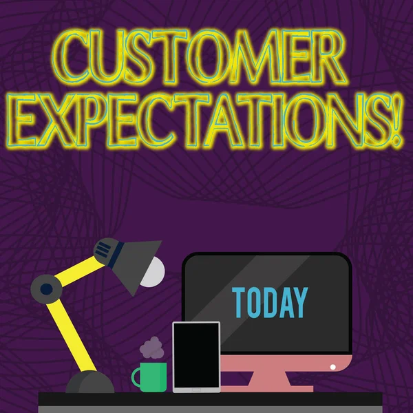 Handwriting text Customer Expectations. Concept meaning Perceivedvalue clients seek from the buying of a good Arrangement of Workspace for Nightshift Worker with Computer,Tablet and Lamp.